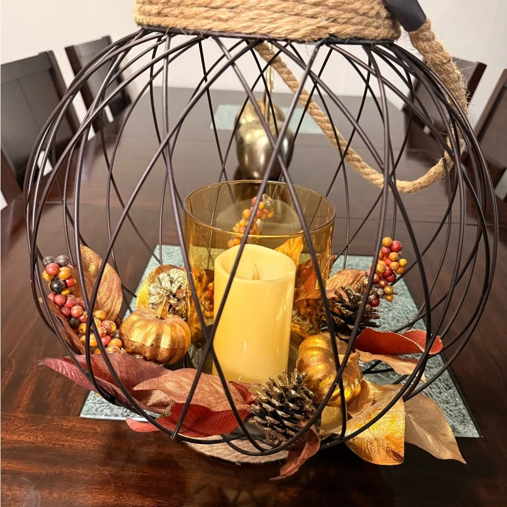Rustic Black Wire Lantern with Autumn Orange Candle and Accents